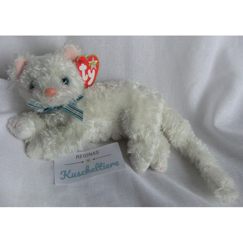 Ty - Plüschtier - Vintage - Katze Starlett weiß mit karierter Schleife - ca. 19 cm groß - liegend