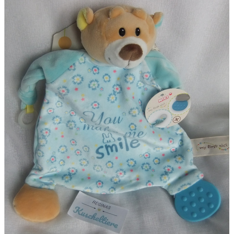 Nici - My first Nici - Schmusetuch - Bär You make me smile - hellblau, bunte Blumenmotive - ca. 25 cm lang