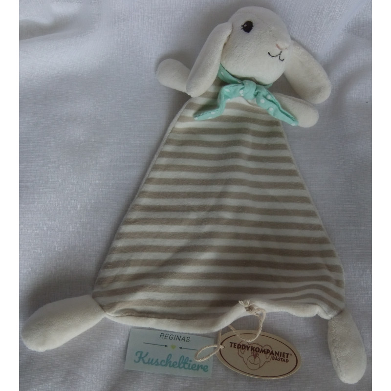 Schmusetuch - Lamm beige, beige-braun gestreift mit Halstuch türkis mit weißen Punkten - ca. 30 cm lang