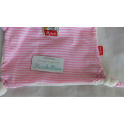 Sigikid - Schmusetuch - Frottee,Stoff,Fleece - Katze rosa-weiß gestreift mit Halstuch rot mit Herzchen - ca. 26 cm lang