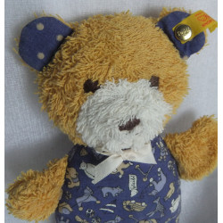 Steiff - Stofftier - Frottee, Stoff - Bär mit Schleife - braun, blau mit Motiven, creme - ca. 20 cm groß
