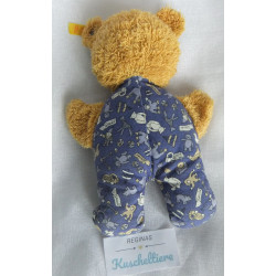 Steiff - Stofftier - Frottee, Stoff - Bär mit Schleife - braun, blau mit Motiven, creme - ca. 20 cm groß